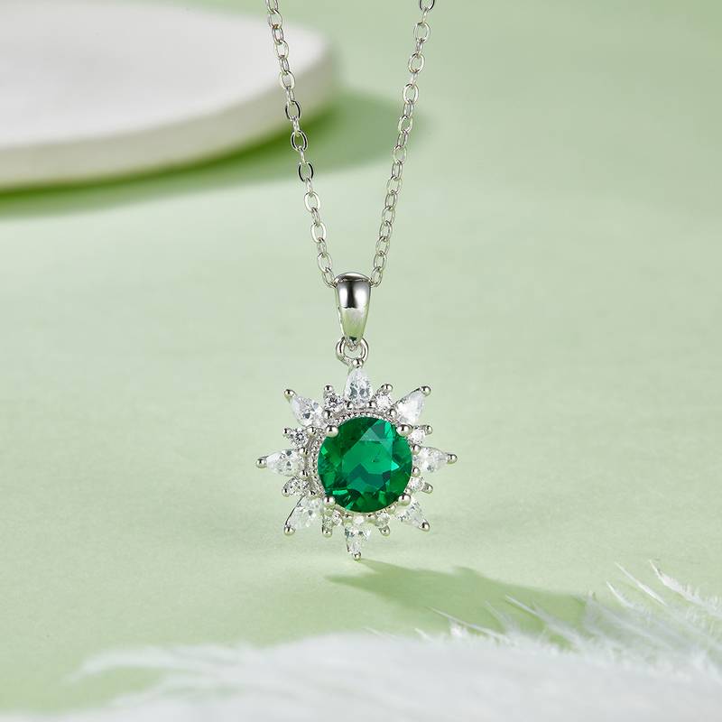 P1642 圆形培育彩宝S925银镀白金Necklace主石7.0mm/2.0ct