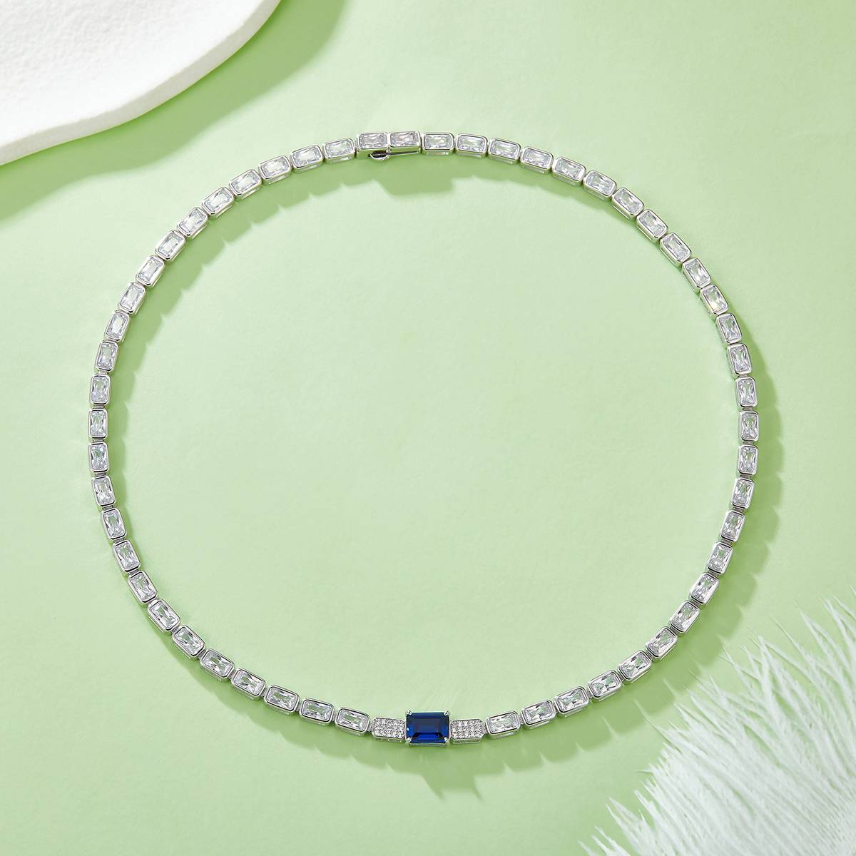 RG-0013DB-1 长方形培育蓝宝石S925银镀白金Necklace主石10*8mmmm/2.0ct