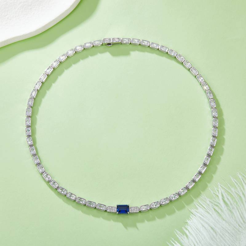 RG-0013DB-1 长方形培育蓝宝石S925银镀白金Necklace主石10*8mmmm/2.0ct