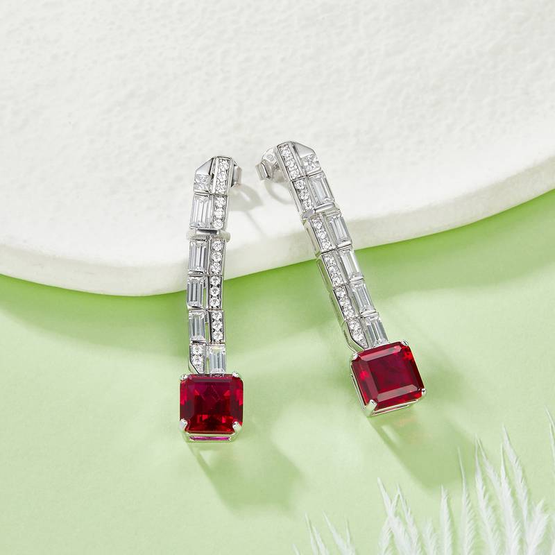 E0758 公主方培育彩宝S925银镀白金耳环主石8*8mmmm/6.47ct