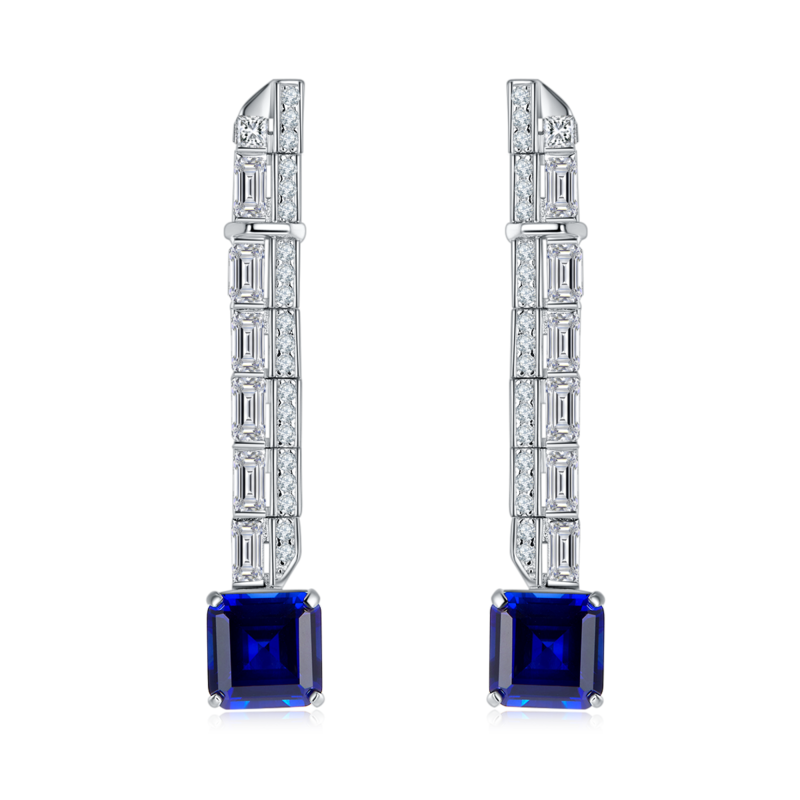 E0758 公主方培育彩宝S925银镀白金耳环主石8*8mmmm/6.47ct