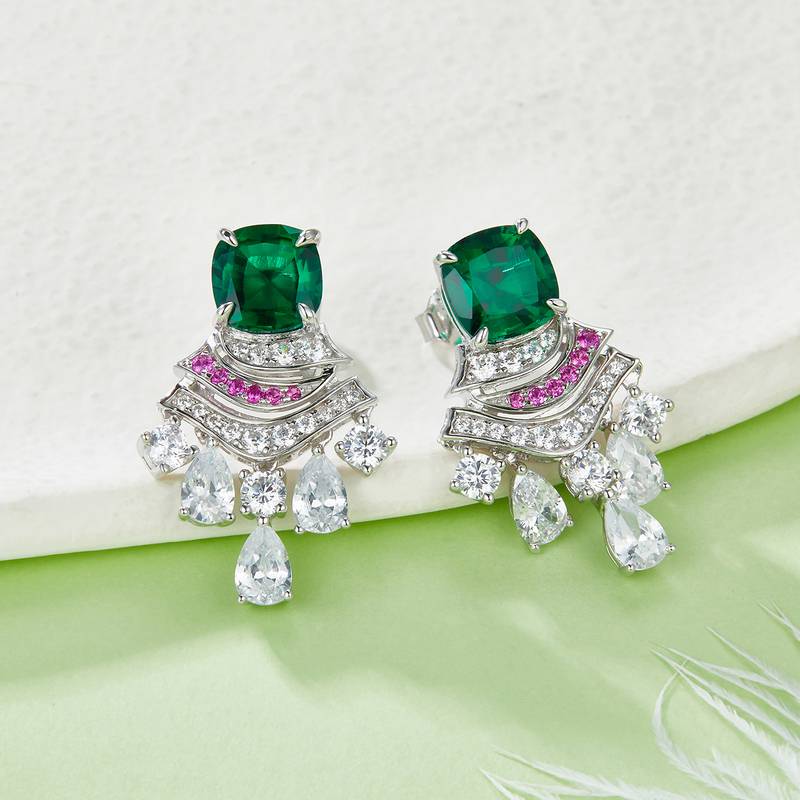 E0831 枕形培育彩宝S925银镀白金耳环主石8*8mmmm/5.95ct