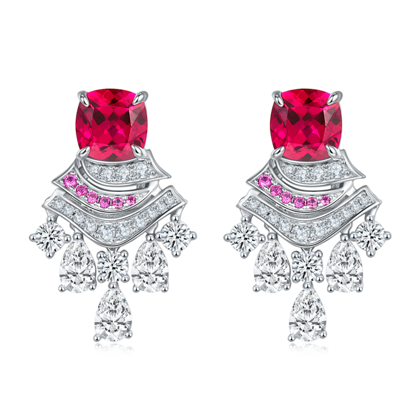 E0831 枕形培育彩宝S925银镀白金耳环主石8*8mmmm/5.95ct