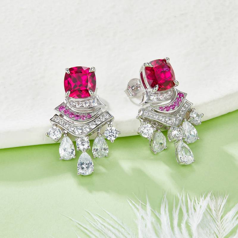 E0831 枕形培育彩宝S925银镀白金耳环主石8*8mmmm/5.95ct