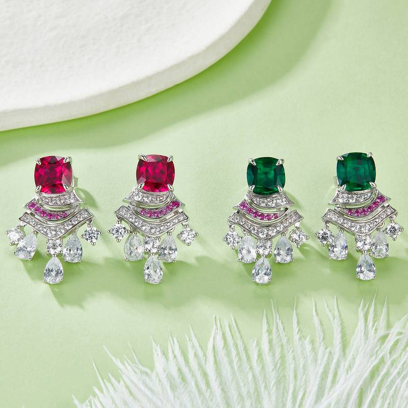 E0831 枕形培育彩宝S925银镀白金耳环主石8*8mmmm/5.95ct