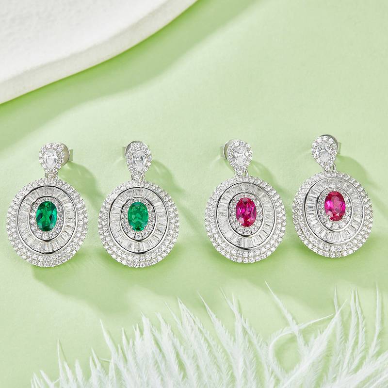 E1128 蛋形培育彩宝S925银镀白金耳环主石6*4mm/1.05CT