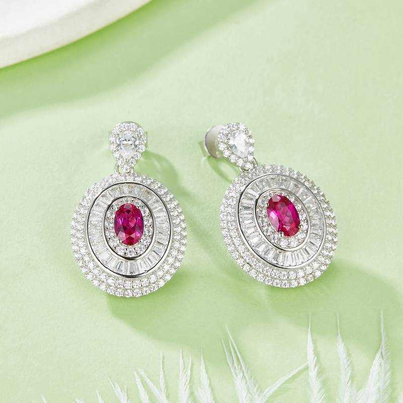 E1128 蛋形培育彩宝S925银镀白金耳环主石6*4mm/1.05CT