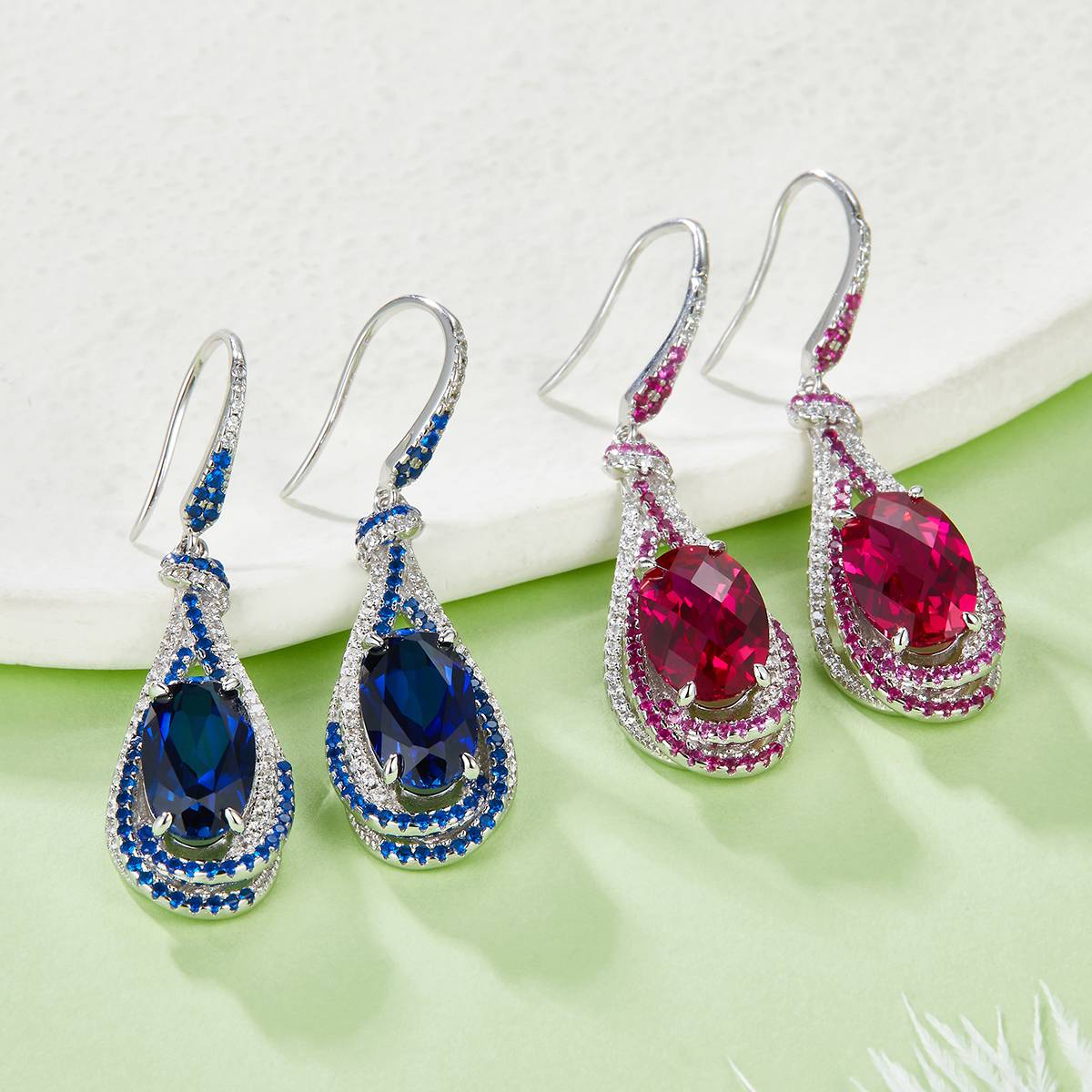 E1457 蛋形培育彩宝S925银镀白金耳环主石12*7mmmm/7.0ct