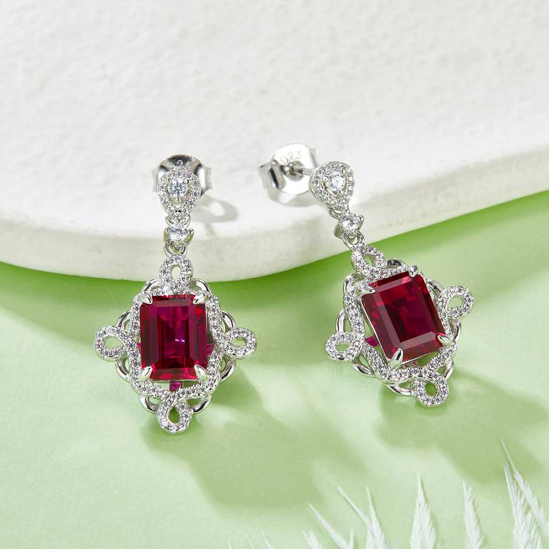 E1466 长方培育红宝石S925银镀白金耳环主石8*6mmmm/3.5ct