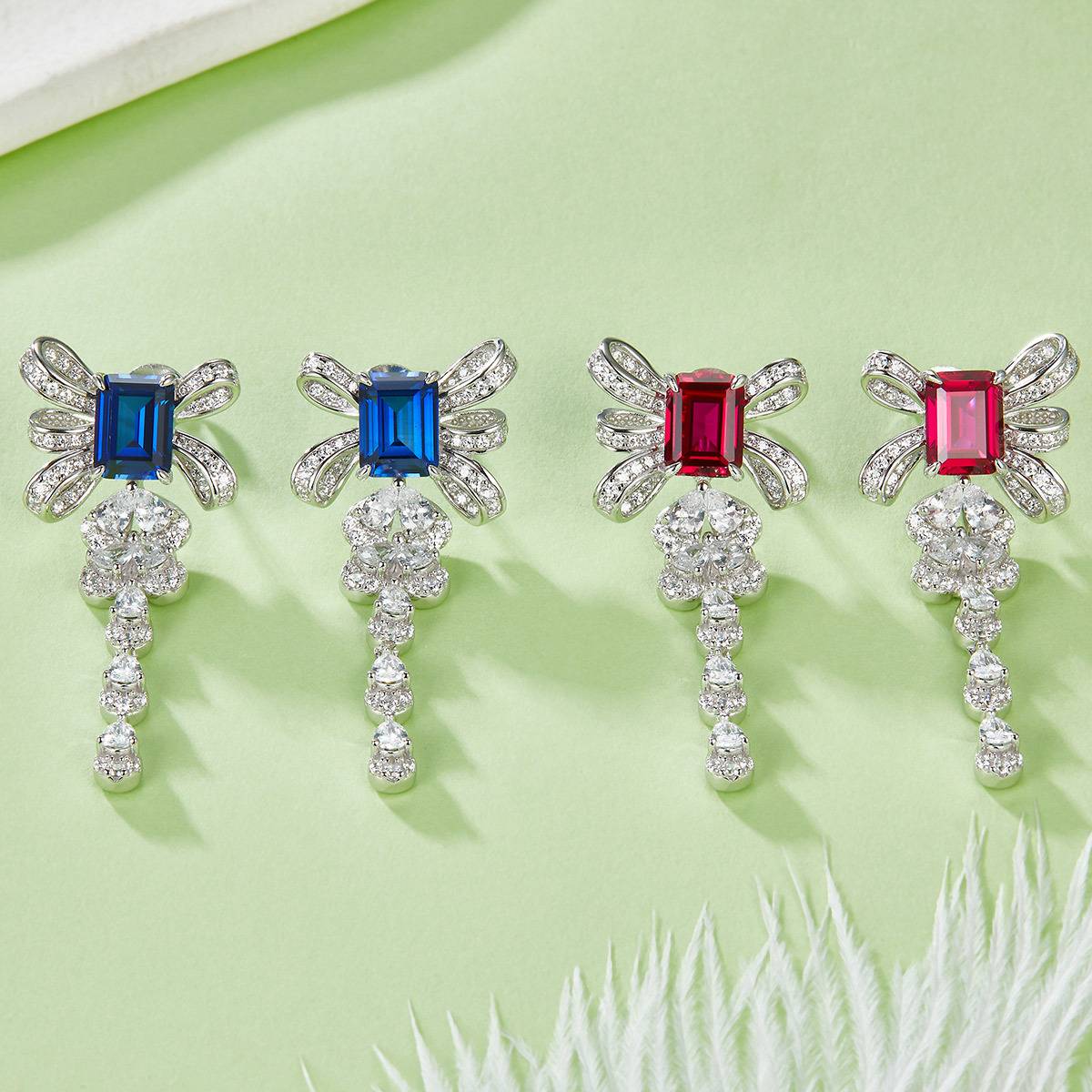 E1479 长方培育彩宝S925银镀白金耳环4.0ct