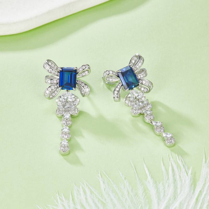 E1479 长方培育彩宝S925银镀白金耳环4.0ct