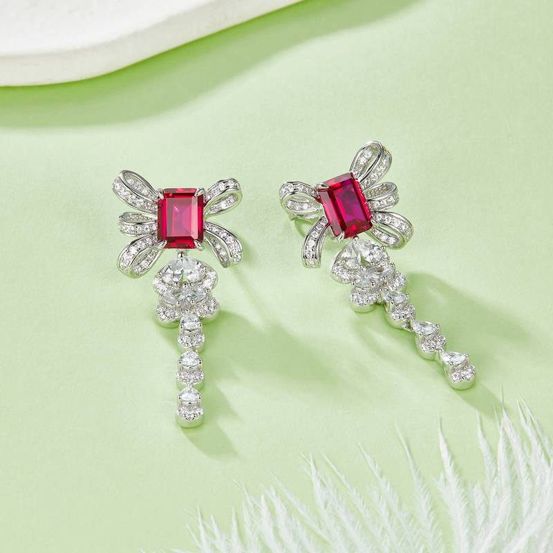 E1479 长方培育彩宝S925银镀白金耳环4.0ct