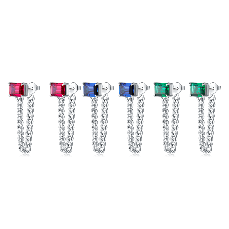 E1610 长方培育彩宝S925银镀白金耳环4.0ct