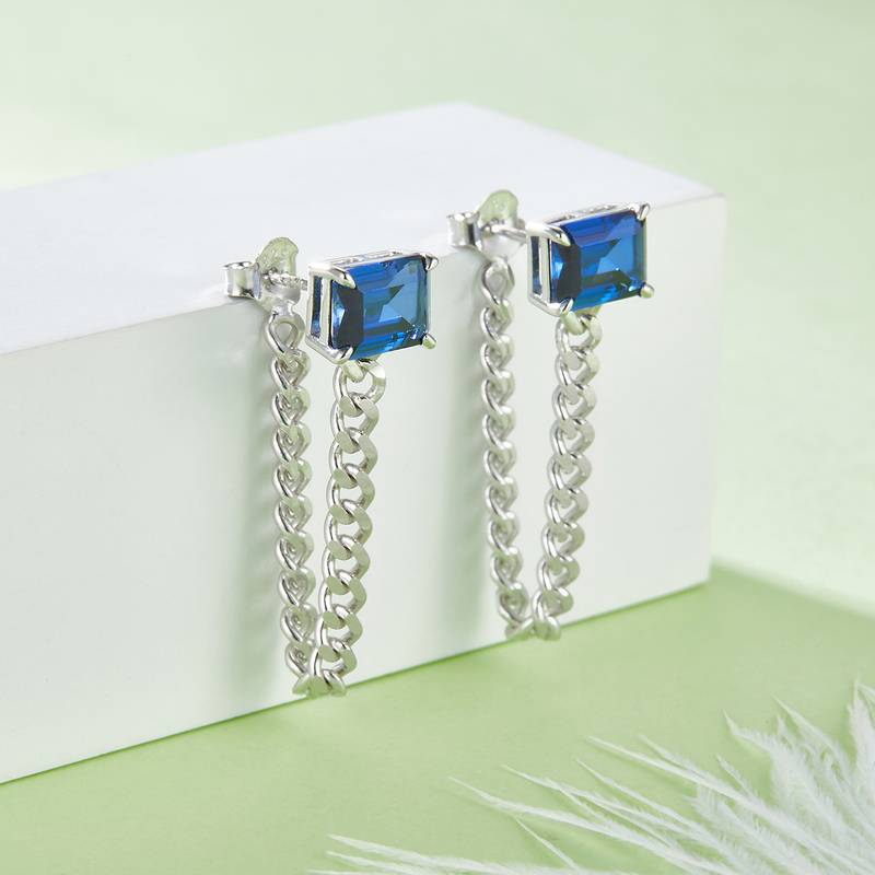 E1610 长方培育彩宝S925银镀白金耳环4.0ct
