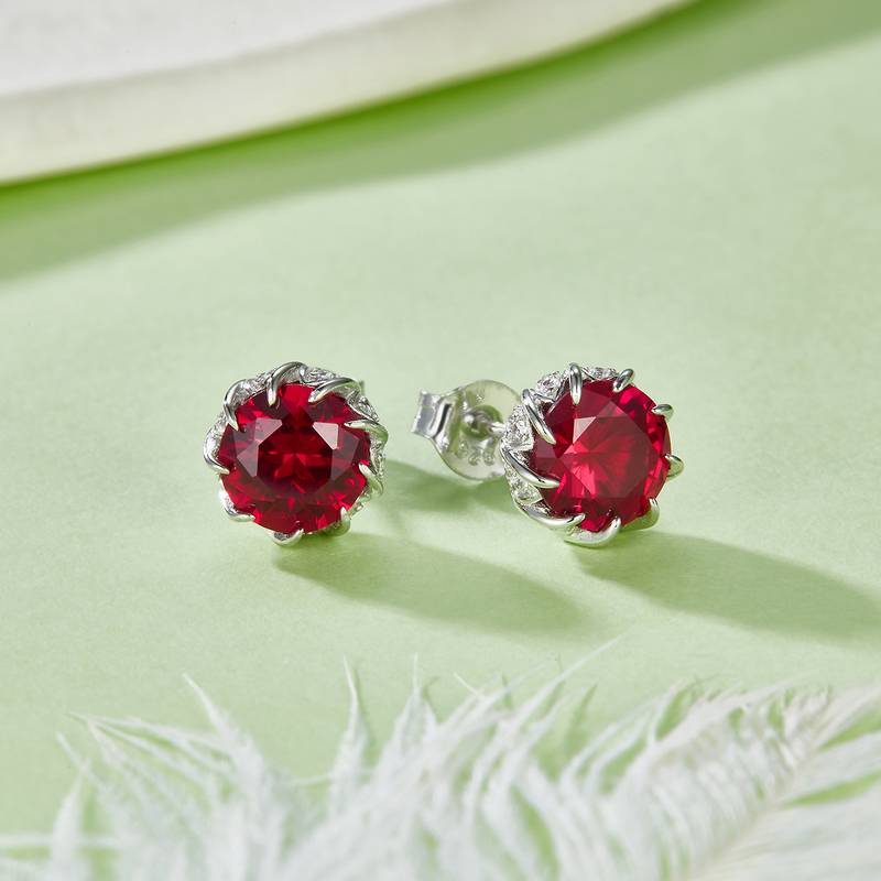 E1612 圆形培育彩宝S925银镀白金耳环2.4ct