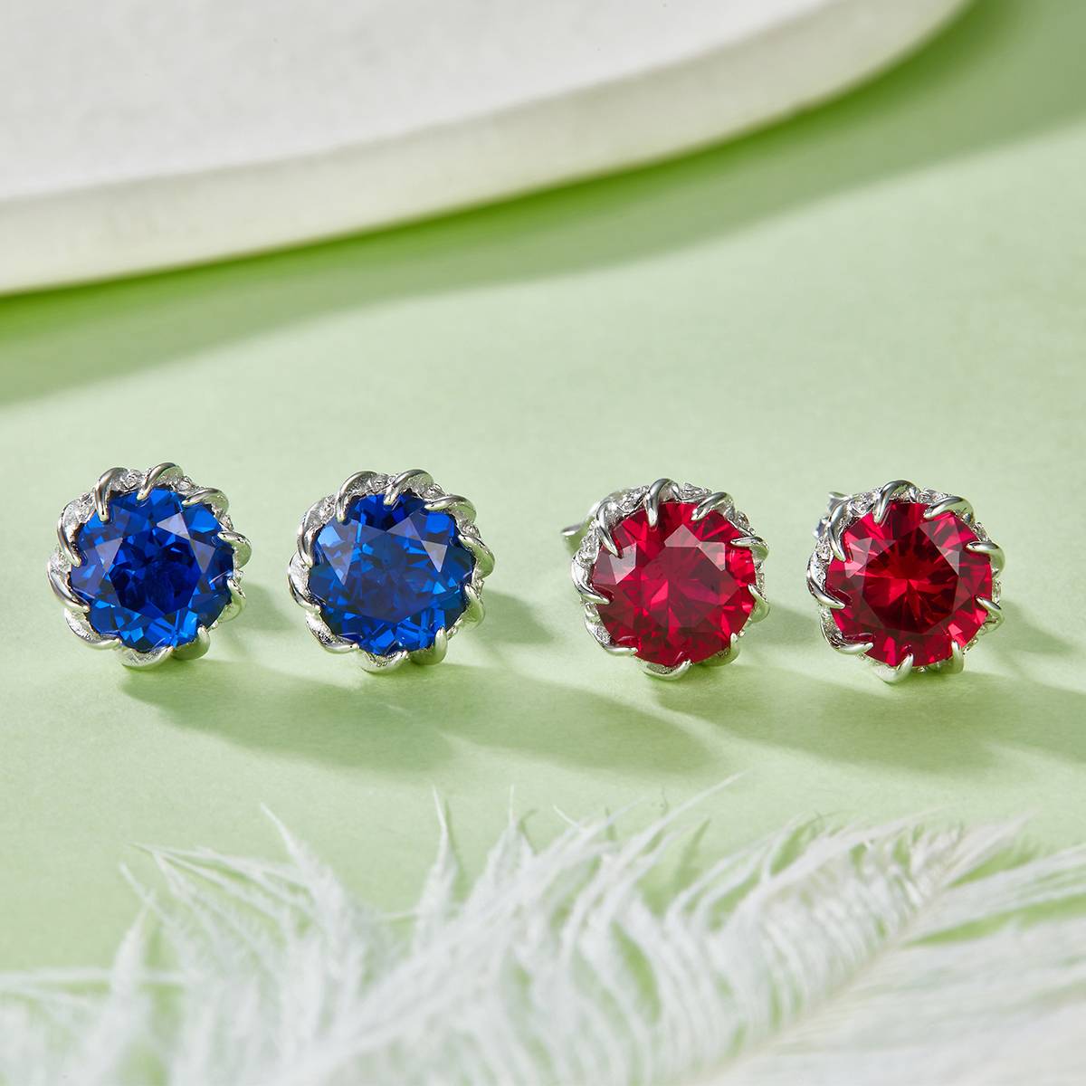 E1612 圆形培育彩宝S925银镀白金耳环2.4ct