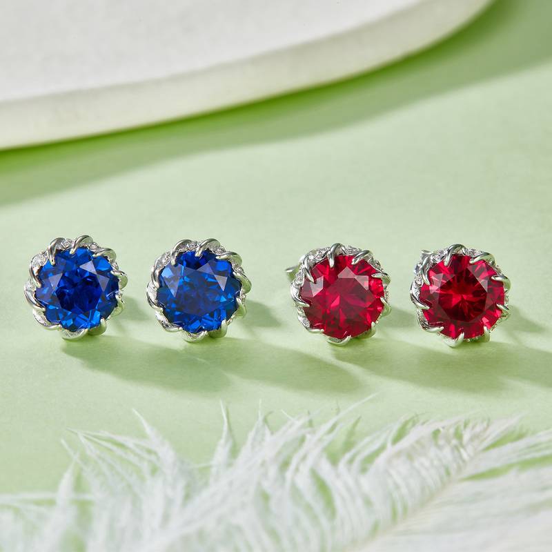 E1612 圆形培育彩宝S925银镀白金耳环2.4ct