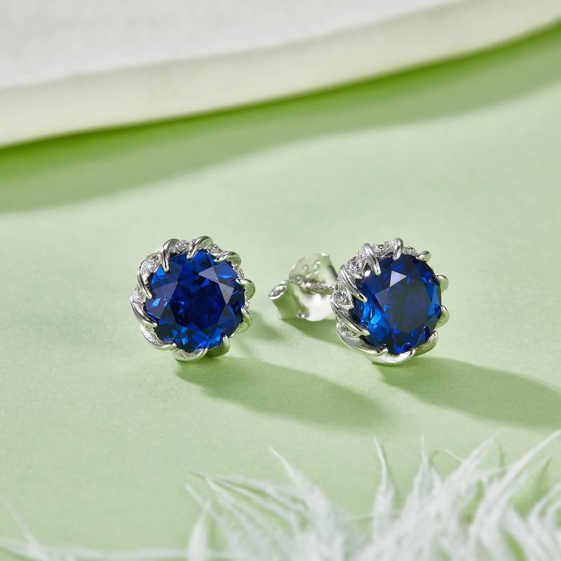 E1612 圆形培育彩宝S925银镀白金耳环2.4ct
