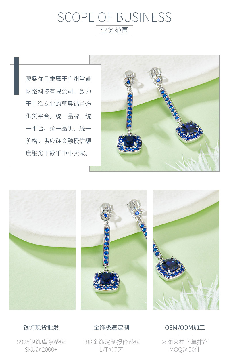 E1613B 枕形培育蓝宝石S925银镀白金耳环2.0CT - 3