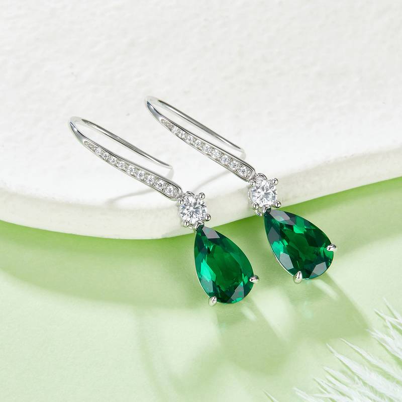E1621 梨形培育祖母绿S925银镀白金耳环6.0ct