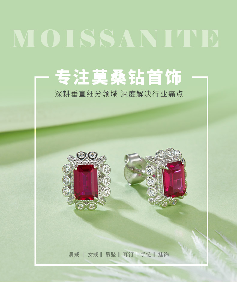 E1628R 长方培育红宝石S925银镀白金耳环1.6CT - 1