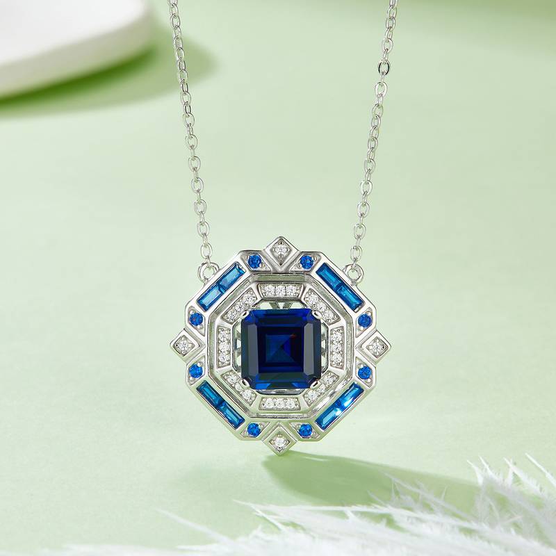 P1636B 公主方培育蓝宝石S925银镀白金Necklace3.18ct
