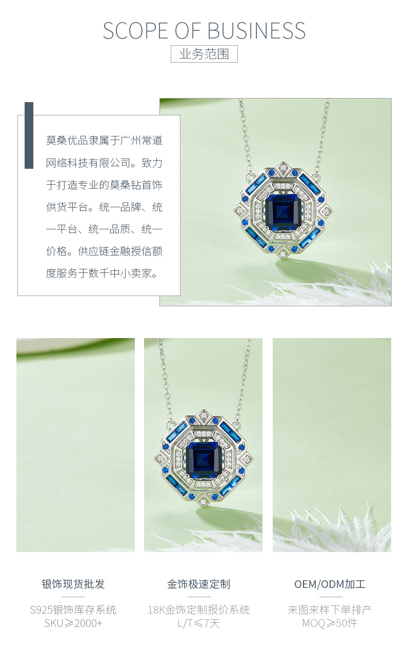 P1636B 公主方培育蓝宝石S925银镀白金项链3.18CT - 3