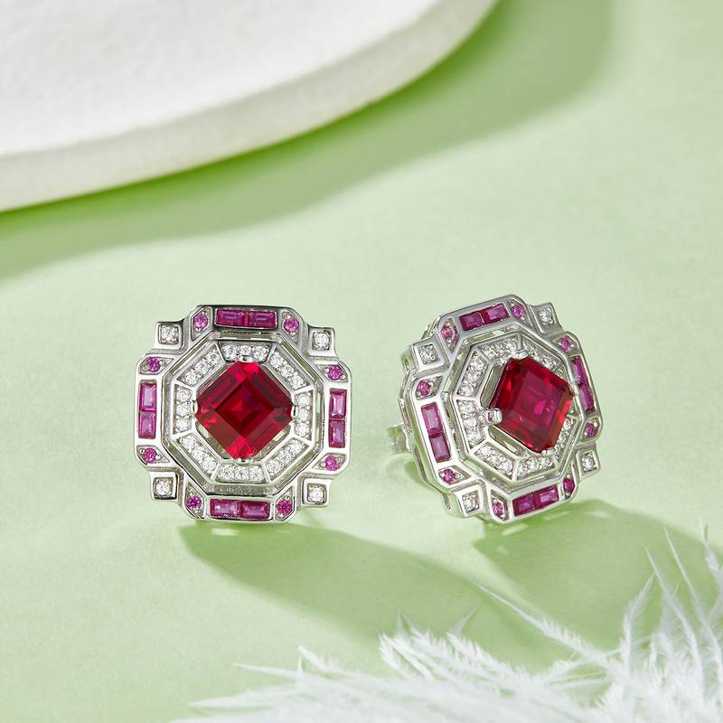 E1635 公主方培育彩宝S925银镀白金耳环2.4CT