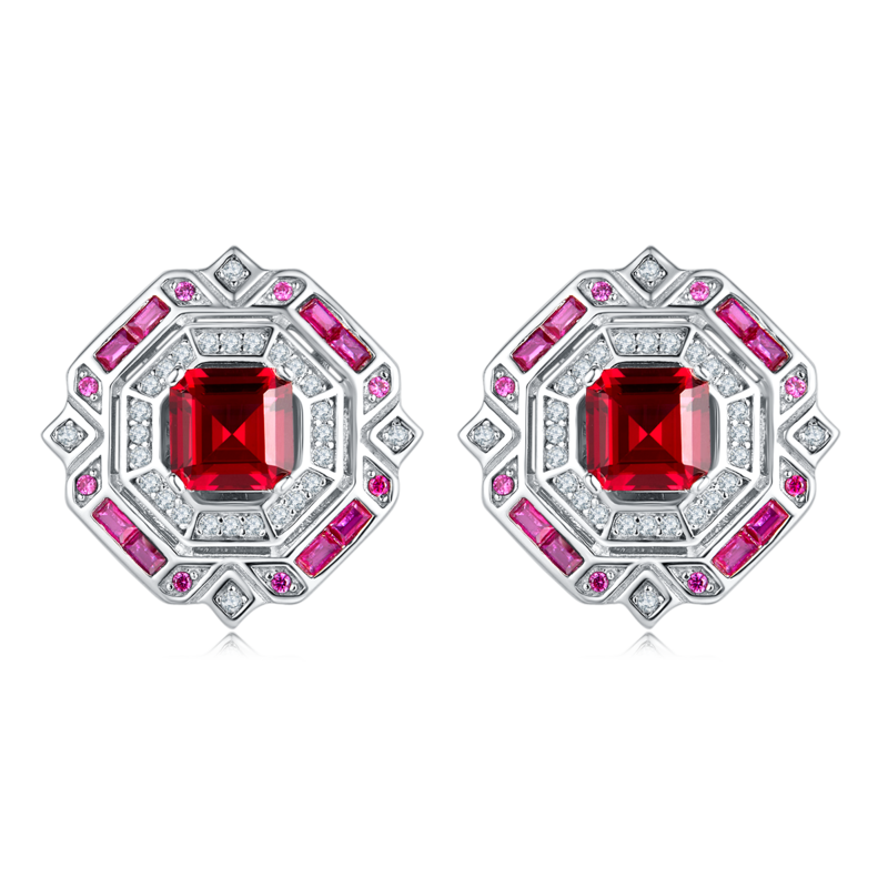 E1635 公主方培育彩宝S925银镀白金耳环2.4CT