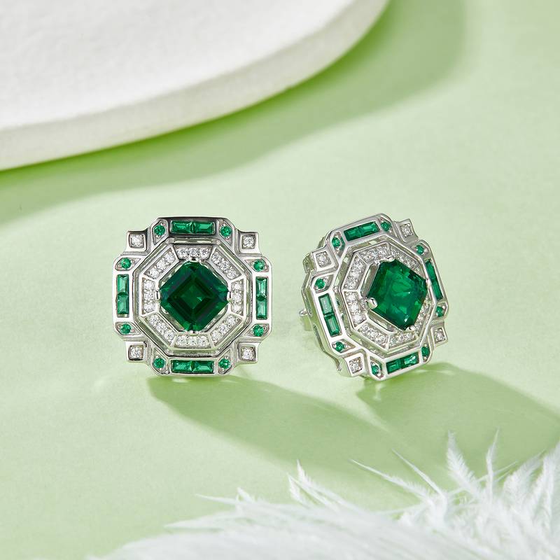 E1635 公主方培育彩宝S925银镀白金耳环2.4CT