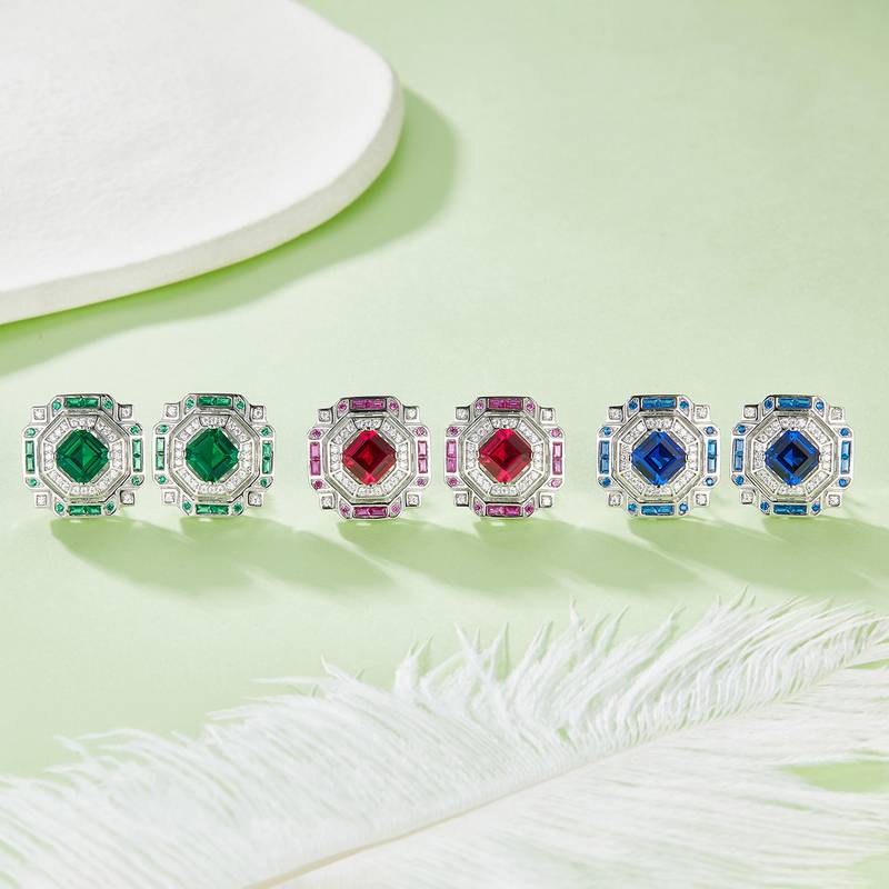 E1635 公主方培育彩宝S925银镀白金耳环2.4CT