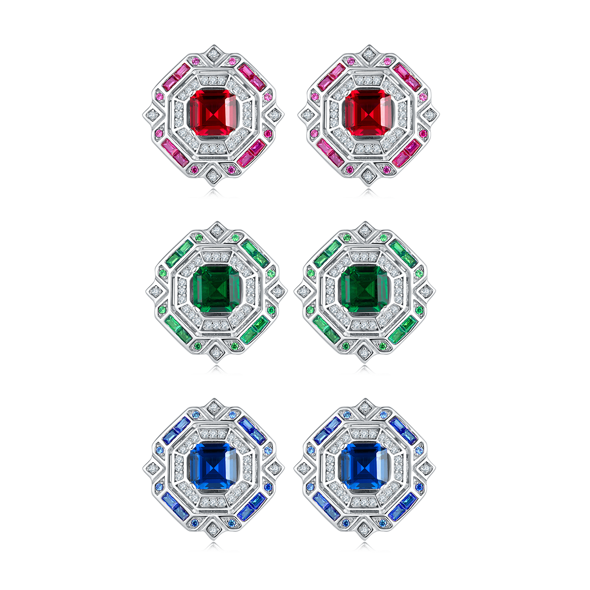 E1635 公主方培育彩宝S925银镀白金耳环2.4CT