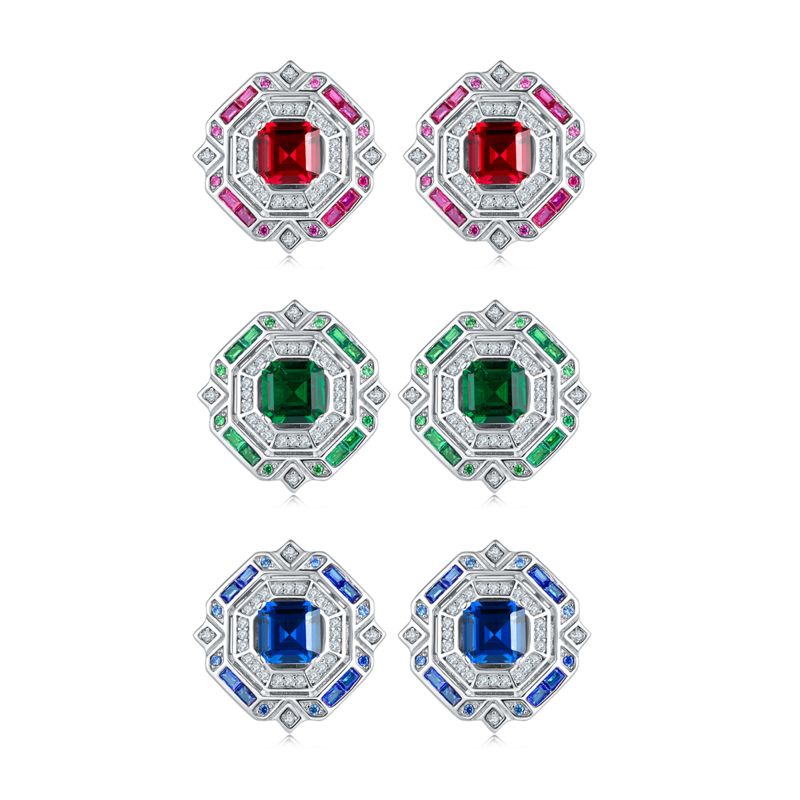 E1635 公主方培育彩宝S925银镀白金耳环2.4CT