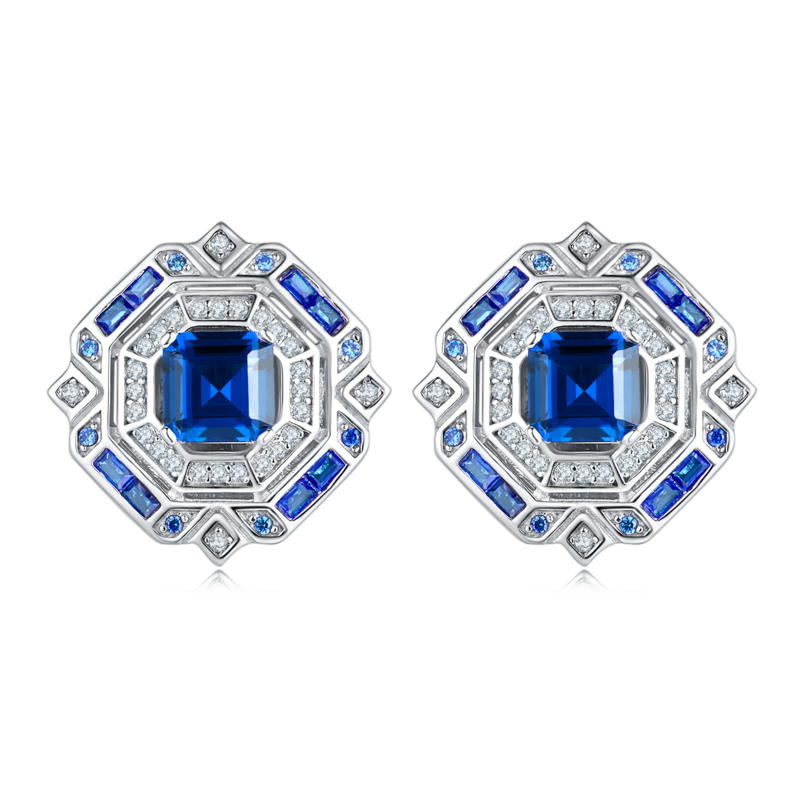 E1635 公主方培育彩宝S925银镀白金耳环2.4CT