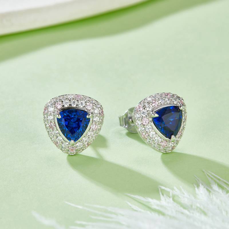 E1692B 三角形培育蓝宝石S925银镀白金耳环1.6ct