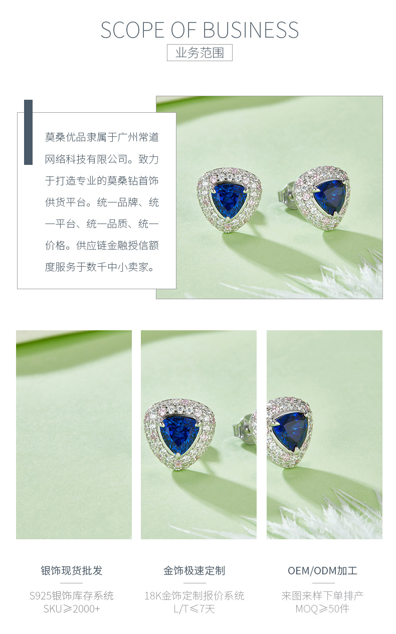 E1692B 三角形培育蓝宝石S925银镀白金耳环1.6CT - 3