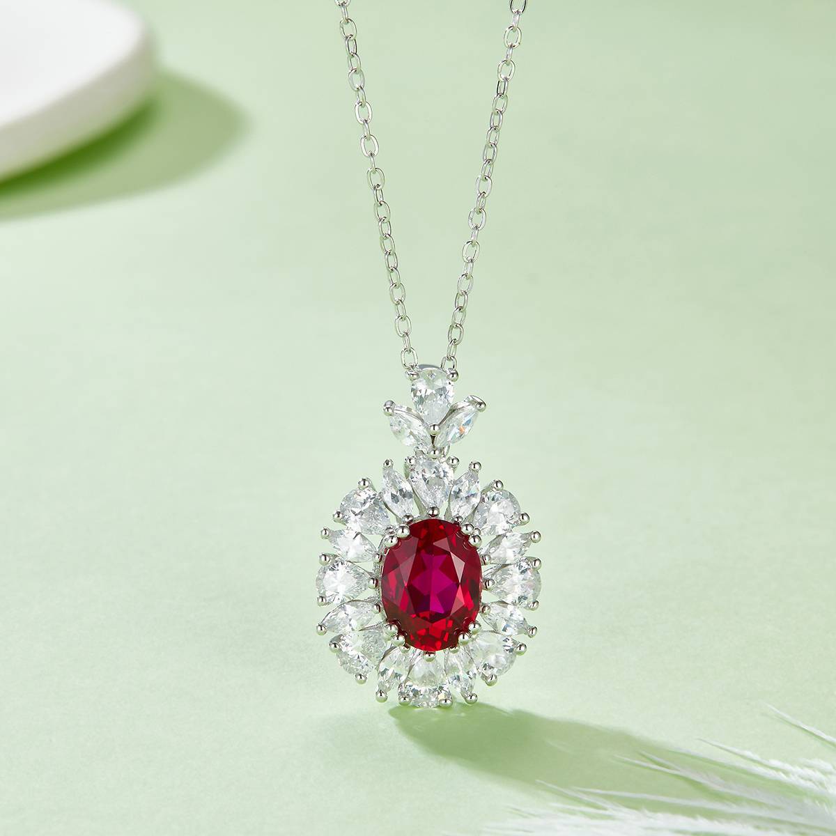 H03R 蛋形培育红宝石S925银镀白金项链2.0CT