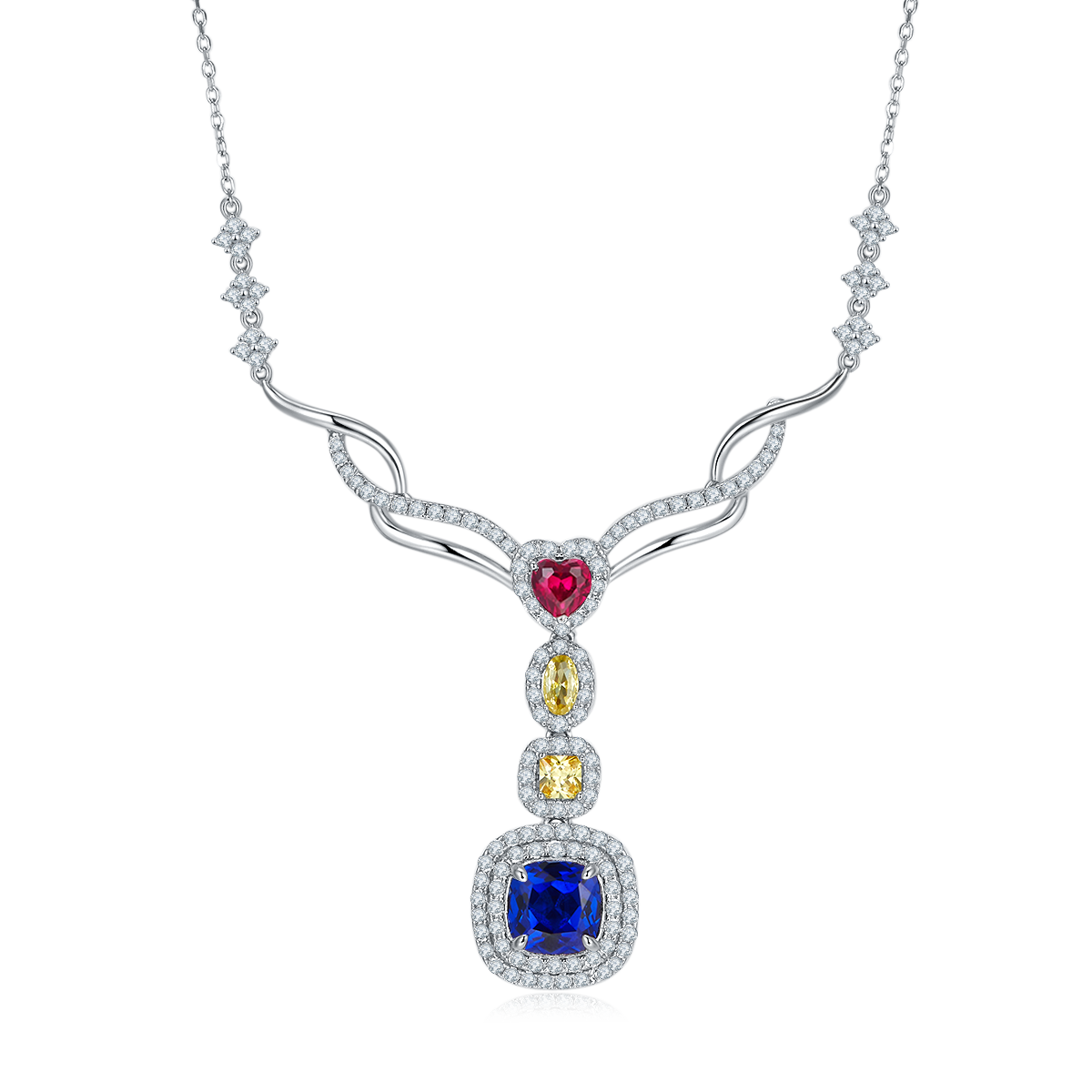P0864 枕形培育彩宝S925银镀白金Necklace2.96ct