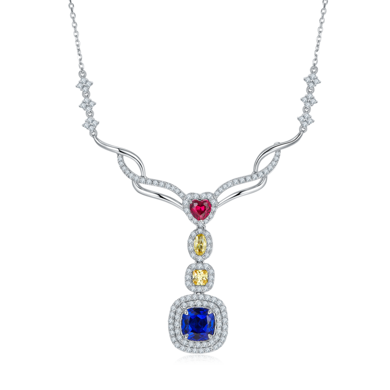 P0864 枕形培育彩宝S925银镀白金Necklace2.96ct