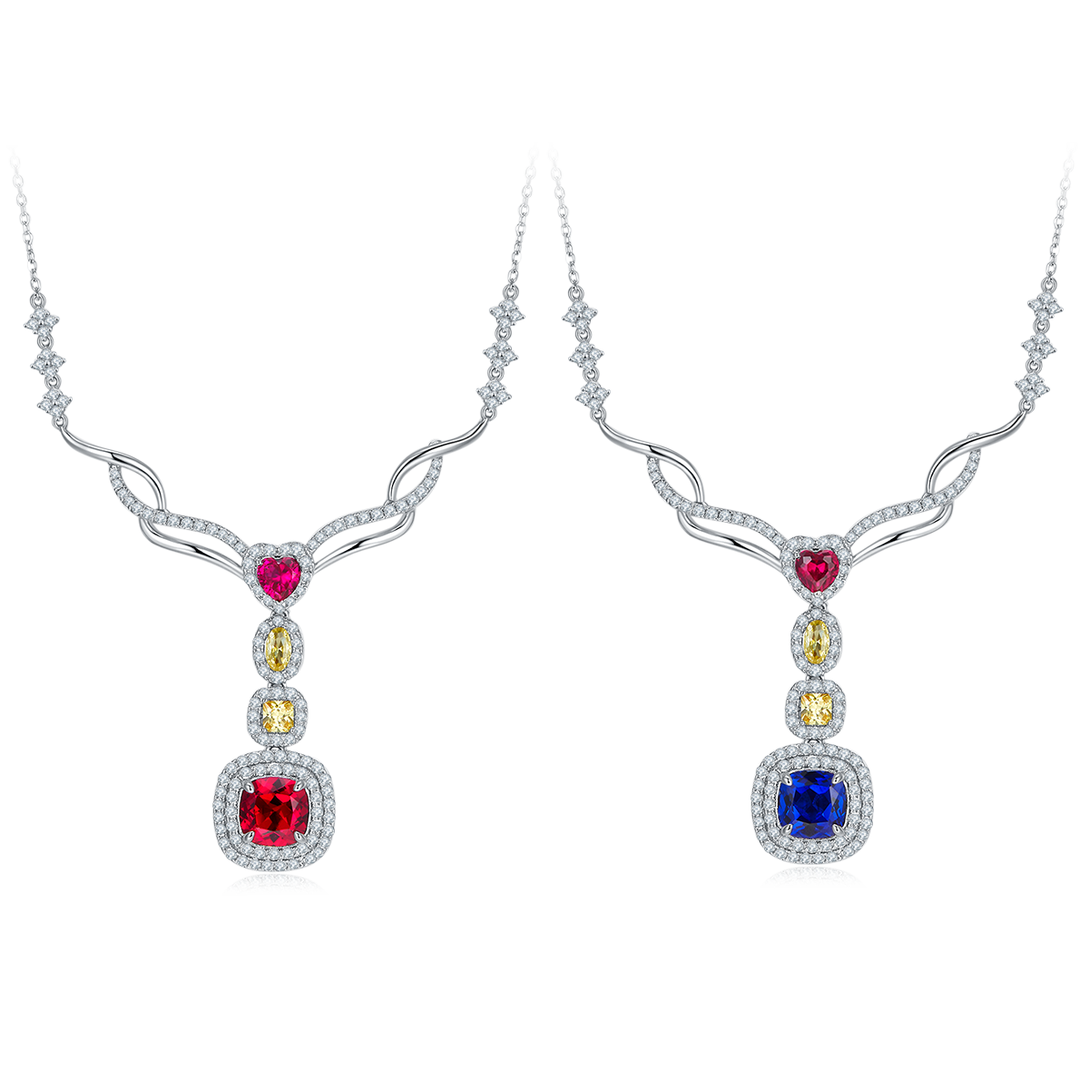 P0864 枕形培育彩宝S925银镀白金Necklace2.96ct