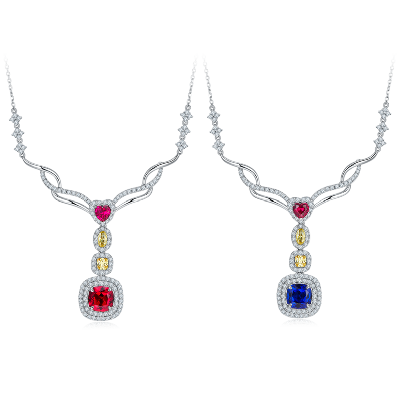 P0864 枕形培育彩宝S925银镀白金Necklace2.96ct