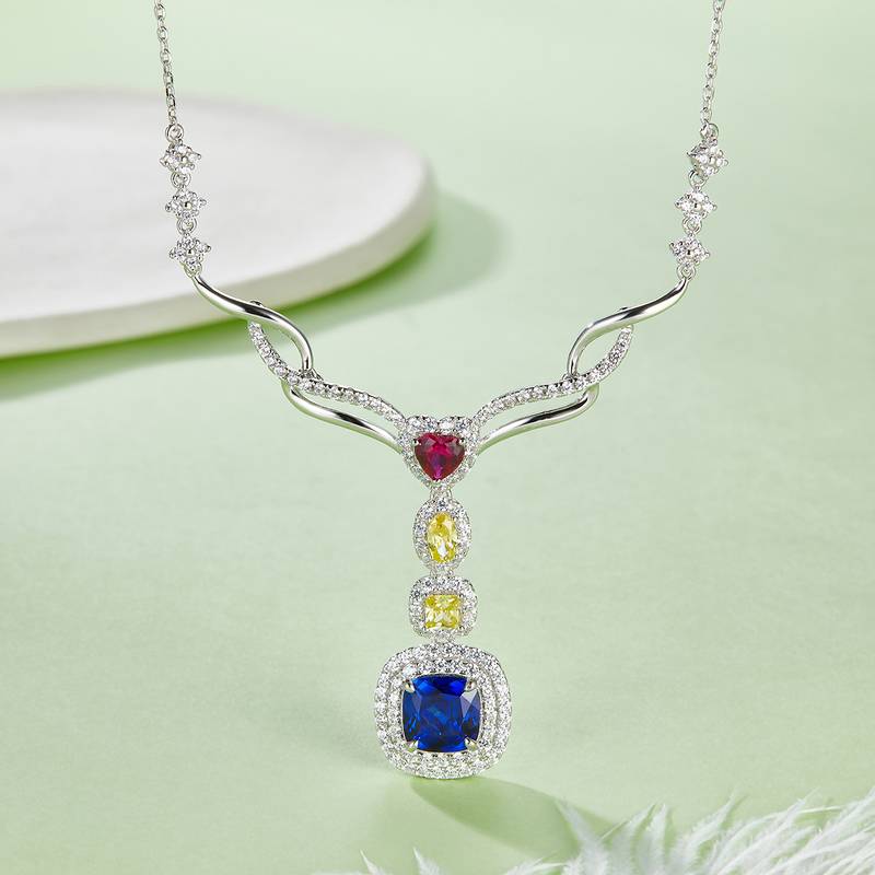 P0864 枕形培育彩宝S925银镀白金Necklace2.96ct