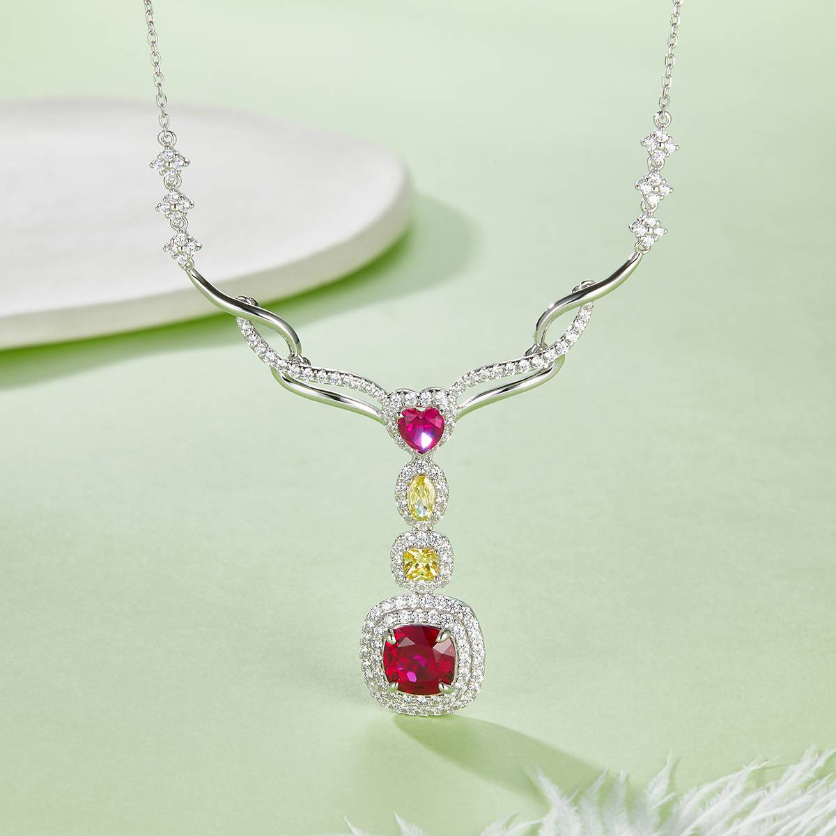 P0864 枕形培育彩宝S925银镀白金Necklace2.96ct