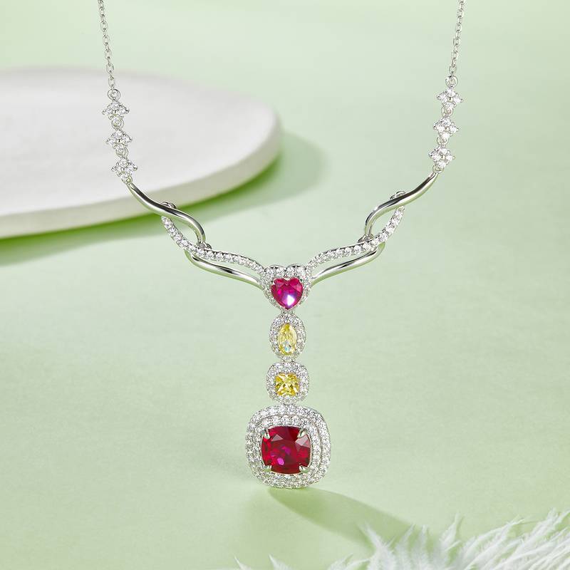 P0864 枕形培育彩宝S925银镀白金Necklace2.96ct