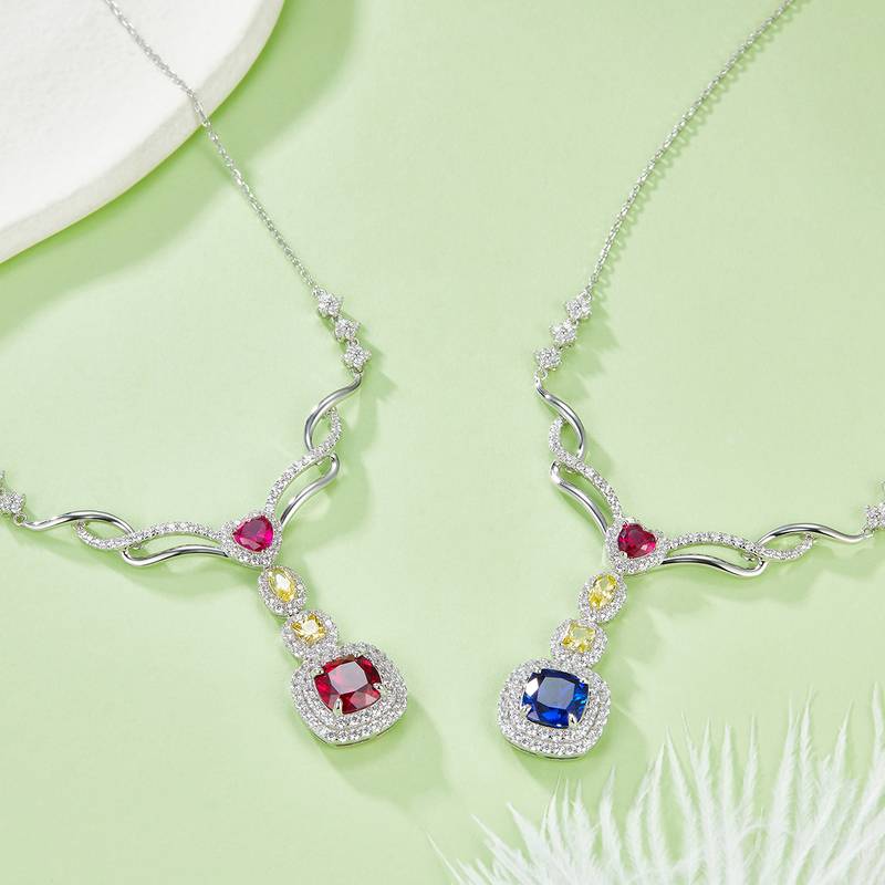 P0864 枕形培育彩宝S925银镀白金Necklace2.96ct