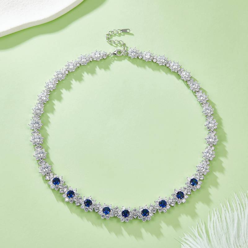 P1382B 圆形培育蓝宝石S925银镀白金Necklace12.96ct
