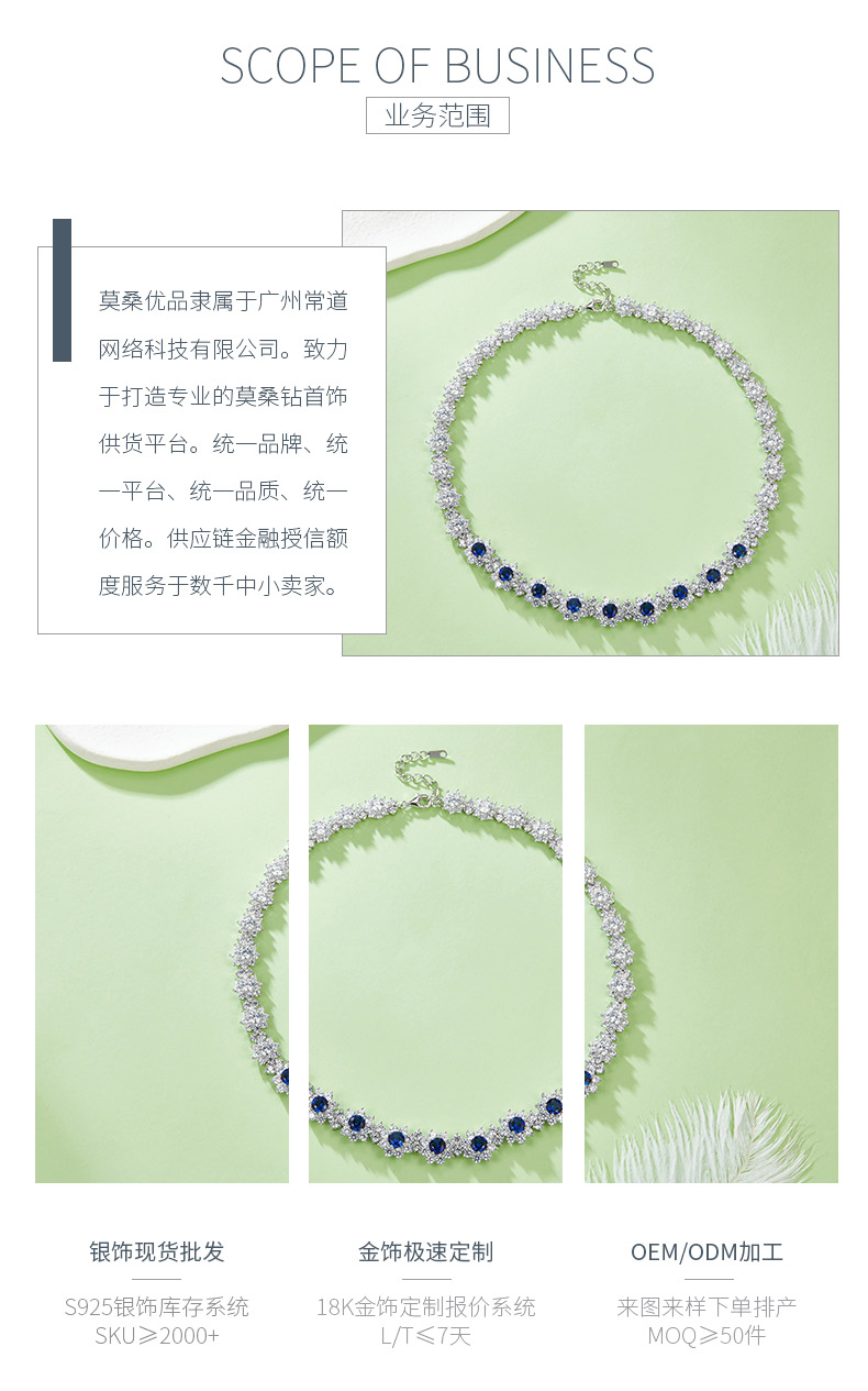 P1382B 圆形培育蓝宝石S925银镀白金项链12.96CT - 3