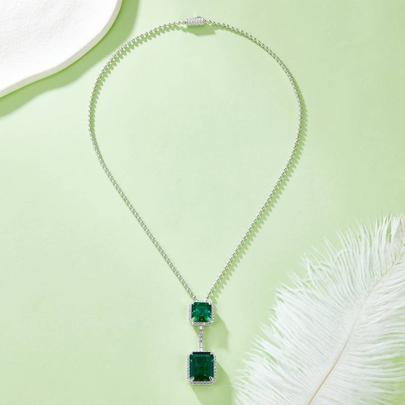 P1411-1 长方培育祖母绿S925银镀白金Necklace12.7ct