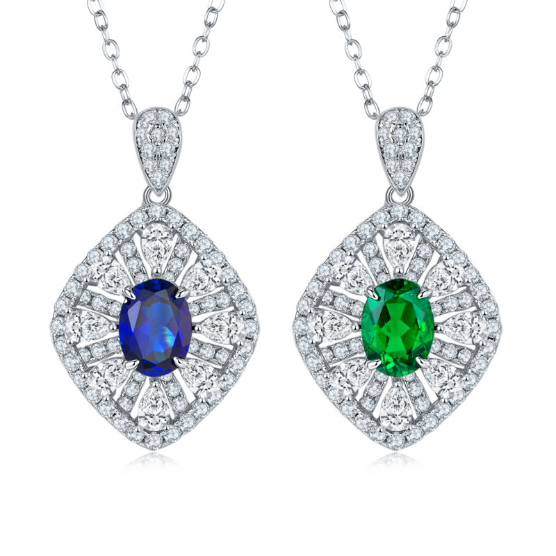 P1477 蛋形培育彩宝S925银镀白金Necklace1.5ct
