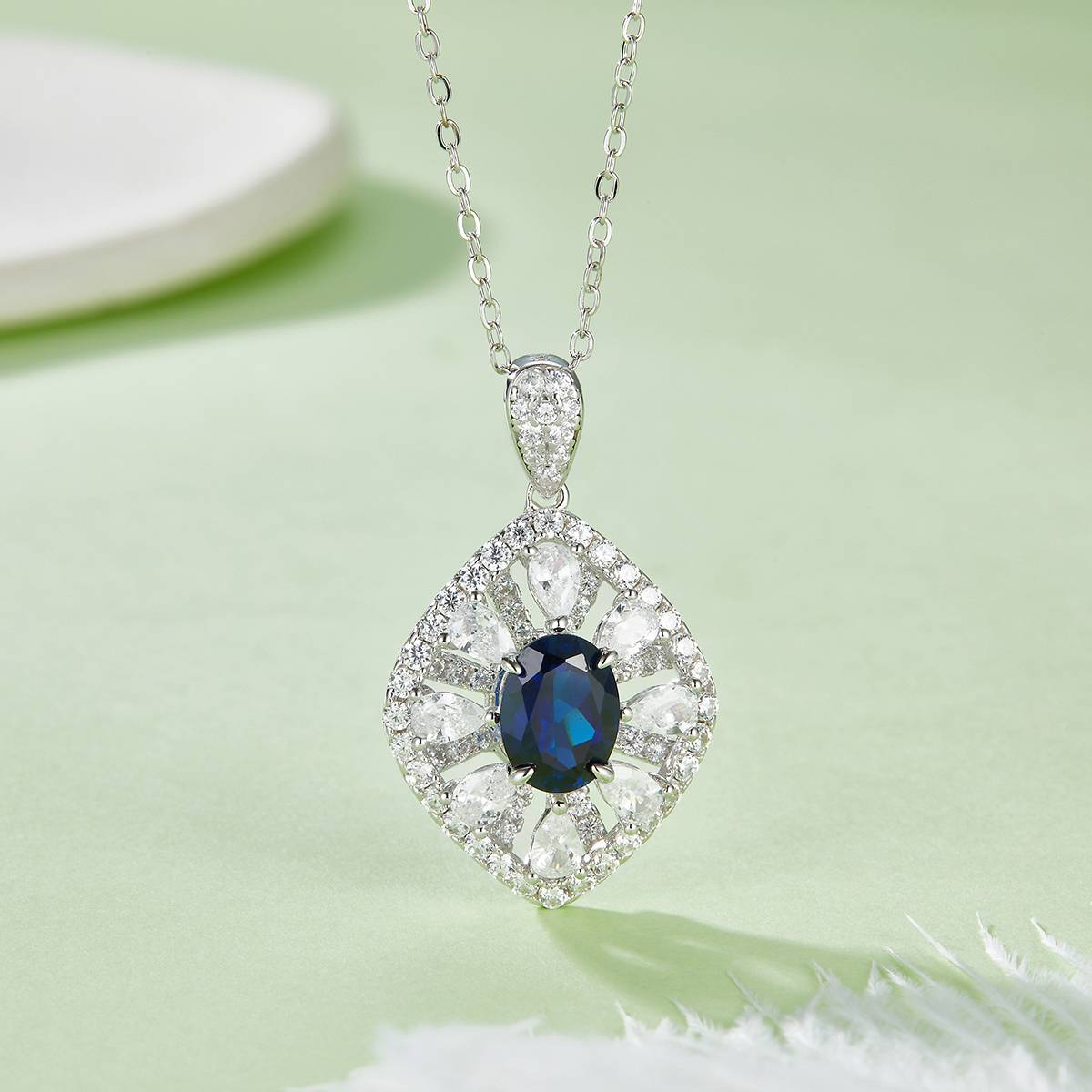 P1477 蛋形培育彩宝S925银镀白金Necklace1.5ct
